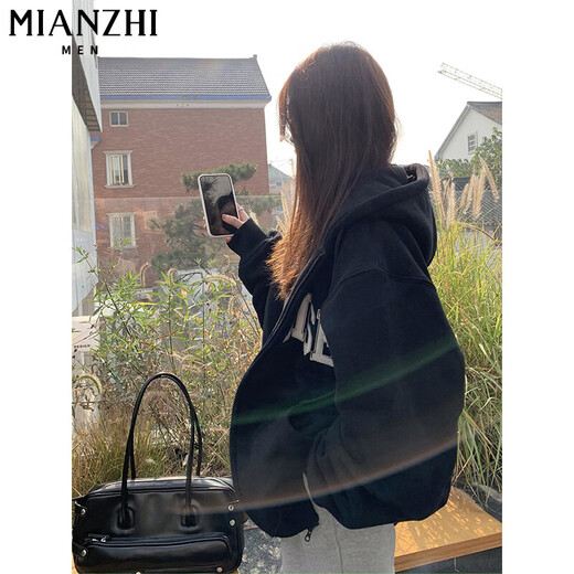 棉致重磅连帽卫衣女春秋冬季新款美式宽松韩版加绒山东即墨开衫外套 844黑色【常规高品质31.5】 3XL 140-160斤