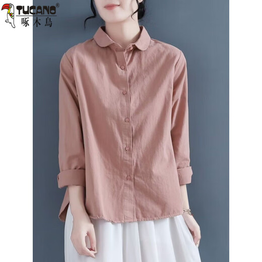 Woodpecker (TUCANO) pure cotton shirt for women spring and autumn new fashionable niche design sense cotton linen long sleeve large size loose casual shirt 829 pink L