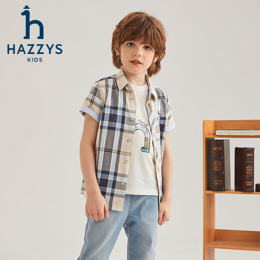 HAZZYS brand children's clothing boys' shirt summer new thin loose classic pointed collar simple and comfortable plaid short-sleeved shirt truffle green 110