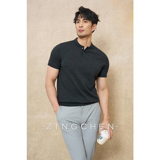 ZINGCHEN Machine washable Henry collar short-sleeved tough guy style knitted short-sleeved T-shirt men's summer men's base layer white XL