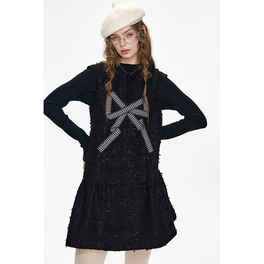 Fairy's Pocket Fragrance Style Black Fine Glitter Dress Suit for Women 2024 Winter New Style with Slimming Little Black Skirt Bow Black M