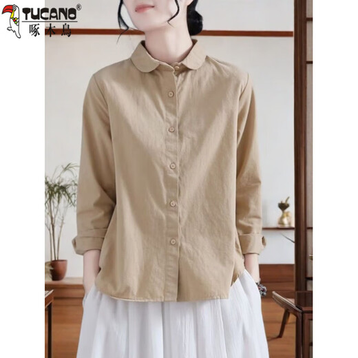 Woodpecker (TUCANO) pure cotton shirt for women spring and autumn new fashionable niche design sense cotton linen long sleeve large size loose casual shirt 829 pink L