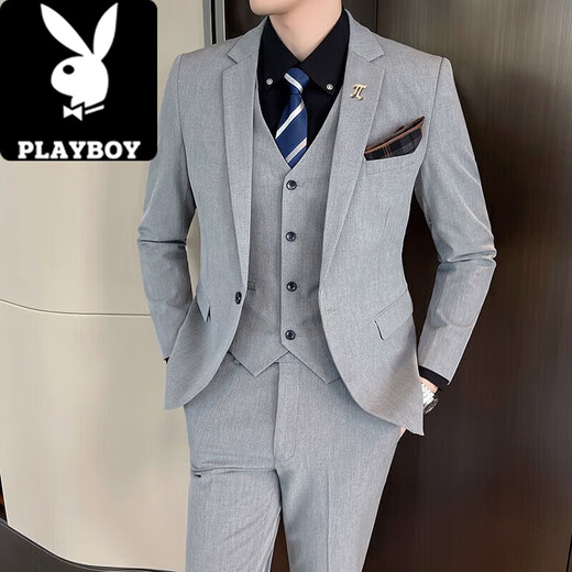 Playboy (PLAYBOY) men's suit suit Korean version slim fit groom wedding formal dress casual British iron-free suit jacket 1818 light gray suit + pants + vest XL recommended 120-135 Jin Jin equals 0.5 kg