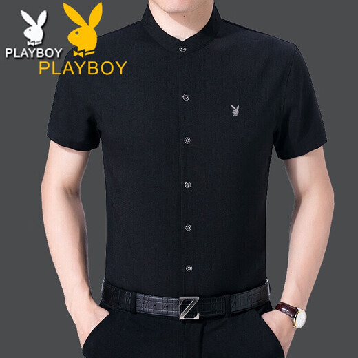 花花公子（PLAYBOY）中年男棉麻立领短袖衬衫衣夏季薄款宽松大码商务爸爸装圆领衬衣寸 浅兰 Z6636格子浅兰 S 165/84A