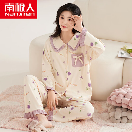 Antarktische Pyjama Frauen Frühling und Herbst reines Baumwoll-Langarm-Heimkleidung Vollte Baumwolle großer Größe 2024 neuer Set JM3527 M [80-98jin [Jin entspricht 0,5 kg]]