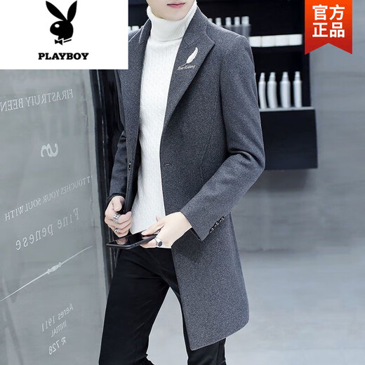 Playboy (PLAYBOY) windbreaker men's autumn and winter new Korean style trendy woolen windbreaker men's mid-length cotton thickened woolen jacket men 617 black L 110-120Jin Jin equals 0.5 kg