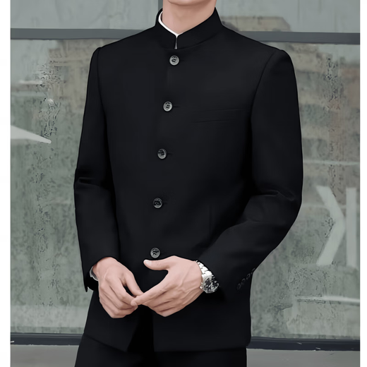 La voz del traje de traje de hombres Chouzhizhongshan para un joven de soporte de soporte delgado de ajuste delgado de estilo chino Vestido de regalo de regalo de regalo chino + camisa negra + pantalones negros (cinturón de regalo) 3xl