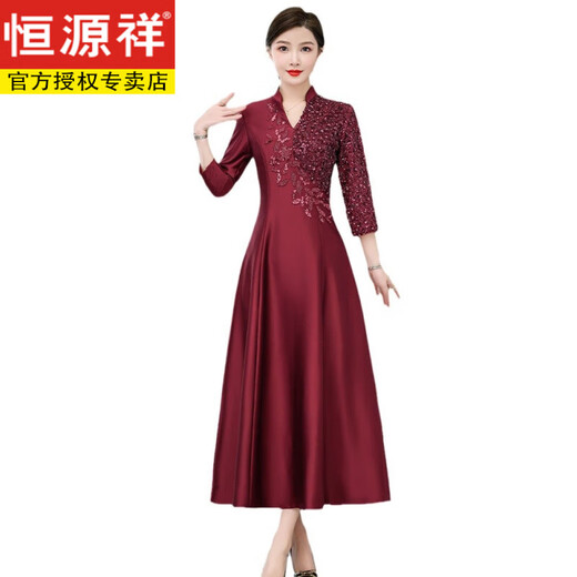 恒源祥妈妈宴会旗袍礼服2025年新中式国风喜婆婆婚宴装高贵连衣裙女 深卡其6625 3XL 180 【130-140斤】