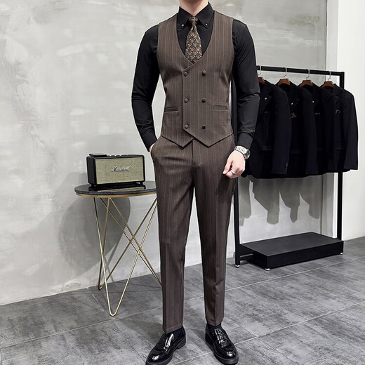 Jessons Herren-Doppelbrust gestreifter Anzug Bräutigam Hochzeitskleider Business Casual Work Work-Interview Anzug Dreiköpfig dunkelblau (Anzug + Hemd + Weste + Hose) 5xl (175-190jin [Jin gleich 0,5 kg])