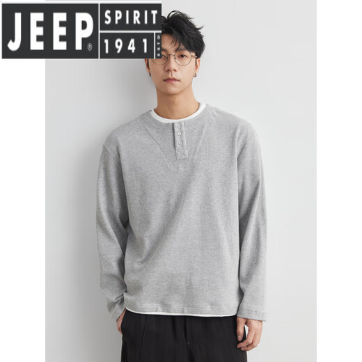 JEEP SPIRIT light luxury fake two-piece long-sleeved shirt for men in spring and autumn American fashion brand loose Henry collar bottoming shirt top floral gray S