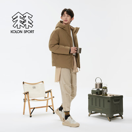 KOLON SPORT/Kolon mid-weight down jacket, windproof and water-repellent seamless short hooded goose down jacket for men and women LUDJ4WTT03-CA camel M