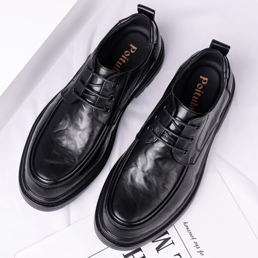 Zapatos de cuero portulese para hombres de negocios británicos para hombres zapatos casuales de negocios bajo zapatos de boda de la suela gruesa bajo 9929 Negro 39
