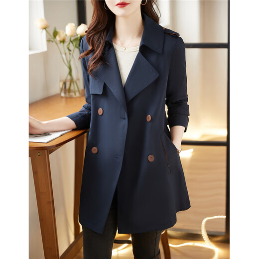 Shang Jing windbreaker jacket for women mid-length small double-breasted solid color high-end fashion slimming windbreaker Navy blue XL
