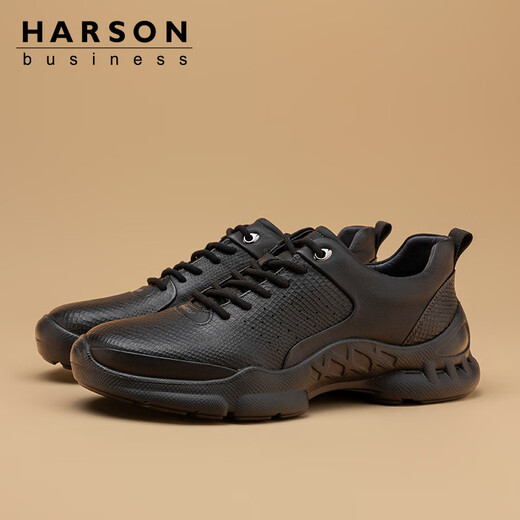 Hassen first-layer cowhide men's shoes autumn business casual leather shoes thick-soled business commuting sports walking shoes high-end casual shoes black 42 (260mm)