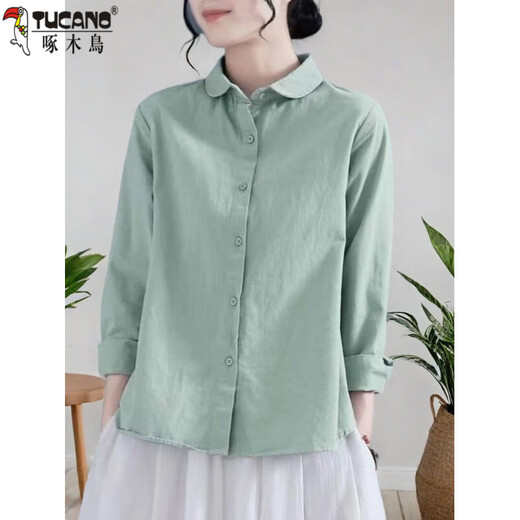 Woodpecker (TUCANO) pure cotton shirt for women spring and autumn new fashionable niche design sense cotton linen long sleeve large size loose casual shirt 829 pink L