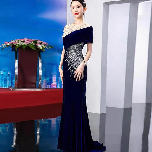Xiaohanlu host dress female high-end blue velvet evening dignified atmosphere annual meeting fishtail skirt niche bel canto solo performance sapphire blue XL