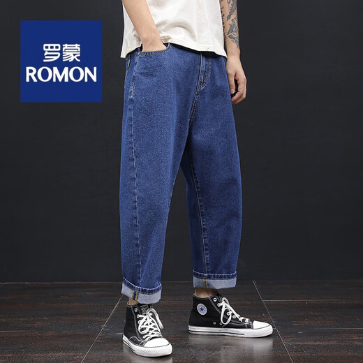 Romon (Romon) Fat tendance grande taille Jeans à neuf points pour hommes pantalons droits lâches larges de patte large 9 points plus de gras et de pantalon dad dad.
