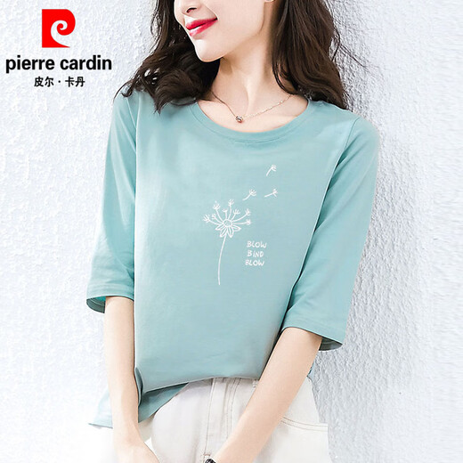 皮尔卡丹（pierre cardin）纯·棉中袖t恤女士宽松短袖半袖春秋装2025新款七分袖夏季上衣 W6172冰蓝+1XS328白色 M
