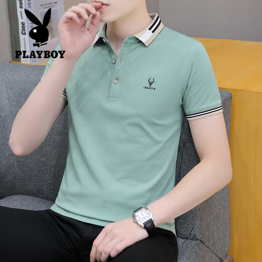 Playboy (Playboy) Kurzärärmiges T-Shirt für Männer im Sommer Cool Ice Seide High-End einfaches lässiges Dünn-Lteel-Business-Baumwoll-Baumwoll-Polo-Hemd hellblau 681 Modelle XL 125-140jin [Jin entspricht 0,5 kg]