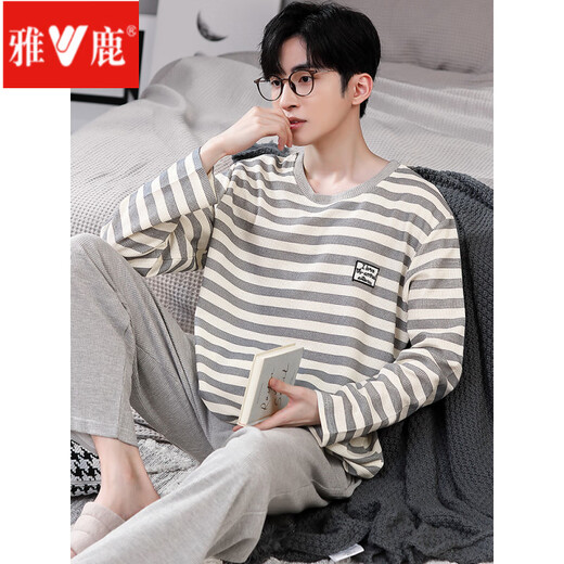 
Yalu Spring and Autumn Pajamas Men's Cotton Large Size Loose Korean Student Long Sleeve Set Can Be Wear Winter and Summer Home Suit ZY9906 L (Suggested-130Jin[Jin is equal to 0.5 kg])