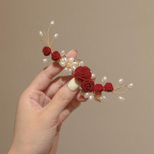 Lie Ruixi's mother-in-law's hair accessories red hair flower wedding banquet high-end cheongsam wedding festive mother's hairpin red