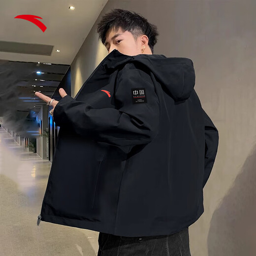 ANTA (ANTA) Water-Repellent Warm Sports Jacket Men's Autumn and Winter Easy-Care Commuting Hooded Environmentally Friendly Training Jacket Windbreaker Plush Velvet Water-Repellent-Classic and Versatile Basic Black-5 L