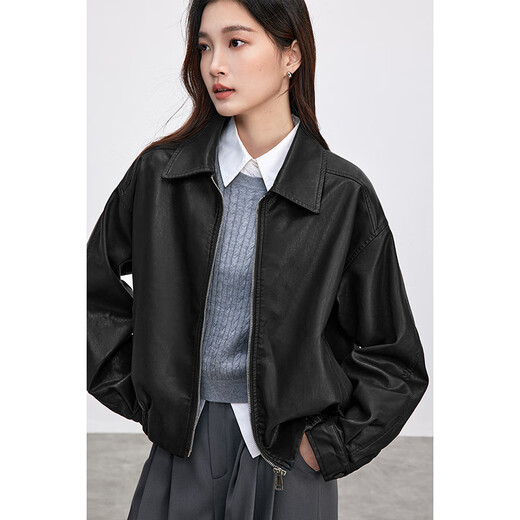 Shandubila Urban Commuting PU Leather Jacket Women's Spring Loose Slim Jacket Lapel Motorcycle Jacket Black M