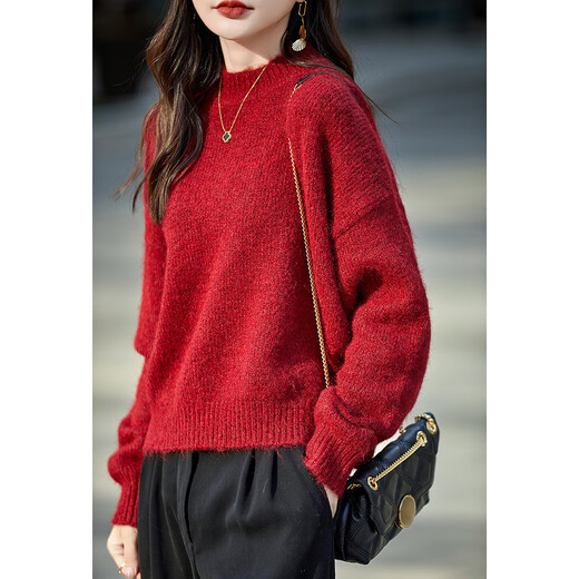 Demana sheep wool soft and waxy thickened sweater, lazy style red sweater, bright red M