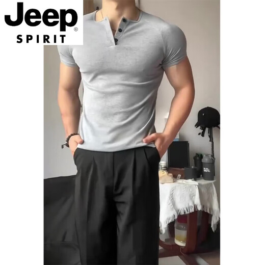 JEEP SPIRIT Floral Gray Slim Waist Henley Short Sleeve Men's Summer American Heavy Muscle Showing T-Shirt Fitness Basement Shirt Light Gray Upgraded Model 90% Buyers Choose M Suitable for 100-120 Jin Jin equals 0.5 kg