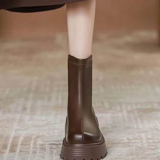Tiaode Gao Martin Boots for Women Spring and Autumn Fashion Round Toe High Top Women's Boots Casual Sports Zipper Soft Heeled Single Shoes Short Boots Dark Brown Plus Fleece 6.5cm 37