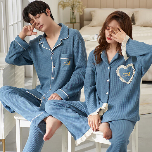 Clolv Kissck Sports Couple de pyjamas printemps et automne un homme et une femme Waffle à deux pièces peuvent être portés à l'extérieur de la maison QH-9855 # [Waffle] Suisse de revers m Femme + mâle L L