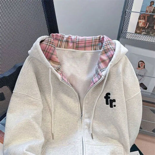 Yuan Beiying retro plaid hooded sweatshirt jacket for women spring and autumn 2025 new style loose and lazy white gray velvet thickened M 86-105Jin Jin equals 0.5 kg