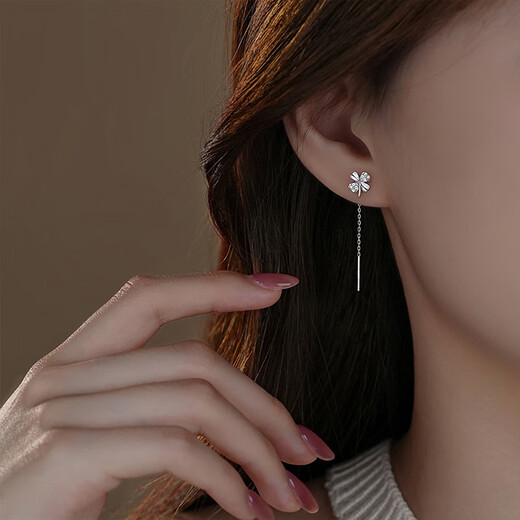 BJYLS999 pure silver four-leaf clover ear wire for women, long style, no need to take off sterling silver earrings, earrings, earrings, earrings for women, S999 pure silver four-leaf clover tassel ear wire (pair)