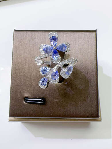 Shilian S925 18 gold plated natural tanzanite diamond plum blossom ring super fairy flower open ring opening adjustable