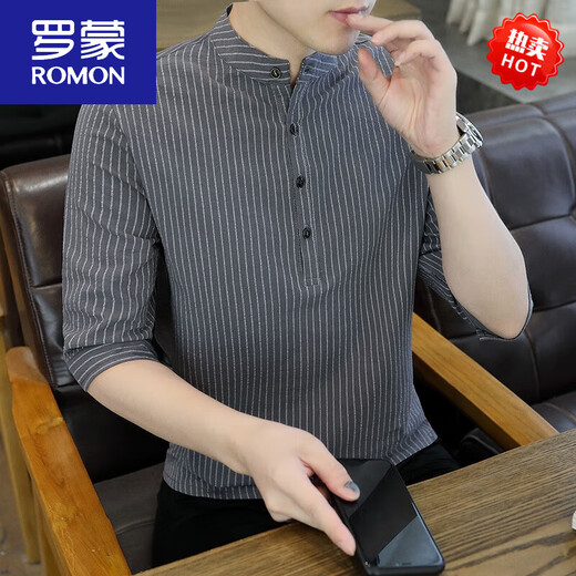 T-shirt de quart de quart d'été Romon pour le collier de support à rayures minces pour hommes T-shirt à moitié à manches pour hommes à manches chinoises pour hommes tendro de style chinois 7899-Black M
