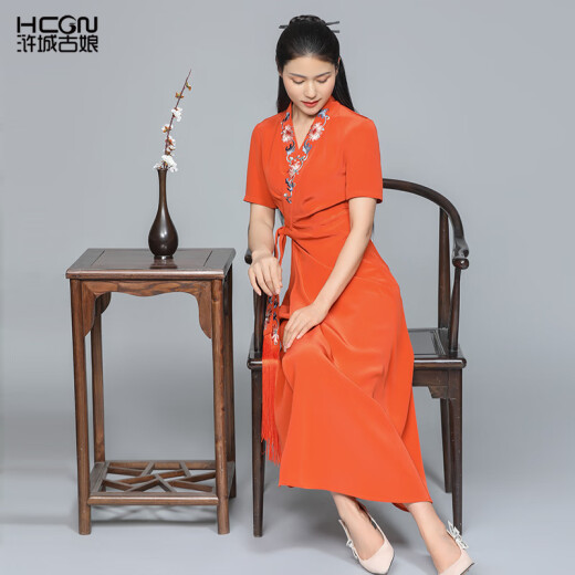 Hucheng Gu Niang Summer de alta gama Luz de lujo chino ácido acético acégico que abraza la falda larga de falda futai bmt11303 naranja m