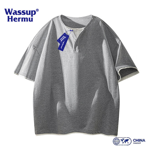 WASSUP HERMU官方短袖男夏季假两件亨利领休闲宽松小众设计拼接学生半袖T恤衫 灰色 XL （推荐130-145斤）