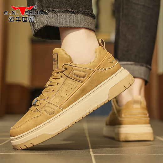 Bull Family Herrenschuhe, Frühlings- und Herbst-Retro Workwear-Schuhe, Herren-Low-Top-dick-gesetzte lässige Lederschuhe, Weizenfarbe 40