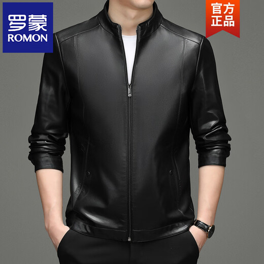 ROMON Haining Genuine Leather Jacket Men's Autumn and Winter Plus Velvet Sheep Leather Jacket Middle-aged Dad Men's Casual Leather Jacket Black Stand-up Collar Thin L 175 Recommended 120-140 Jin Jin is equal to 0.5 kg