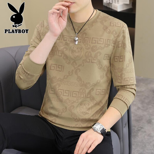 Playboy 2025 Frühlings- und Herbst-Langarm-T-Shirt European Fody Herren-Modepullover Plus-Size-Basis-Shirt-T-Shirt [Frühling und Herbst] 6626 Khaki Thin Model 4xl 180-200jin [Jin gleich 0,5 kg]