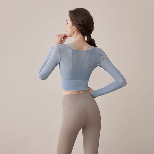 Youyou sports yoga clothing, fashionable and casual mesh, beautiful back, high appearance, long-sleeved Pilates training 35021 blue L