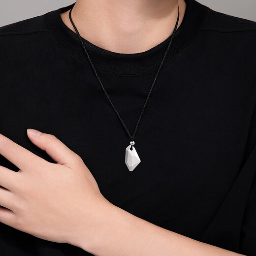 Lao Fengxiang Three Lives Stone Pure Silver Necklace Men's Wishing Stone Pendant Wedding Anniversary Birthday Gift for Boyfriend and Husband Pure Silver Three Lives Stone Braided Rope Necklace - Black