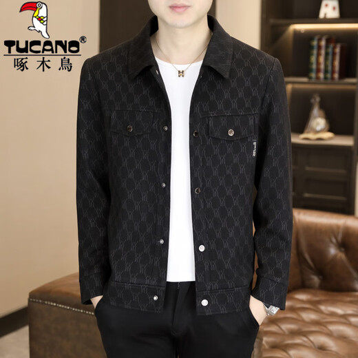 Woodpecker jacket men's spring and autumn new short jacket trendy casual versatile lapel men's tops 8357 Khaki XL 125-140Jin Jin equals 0.5 kg