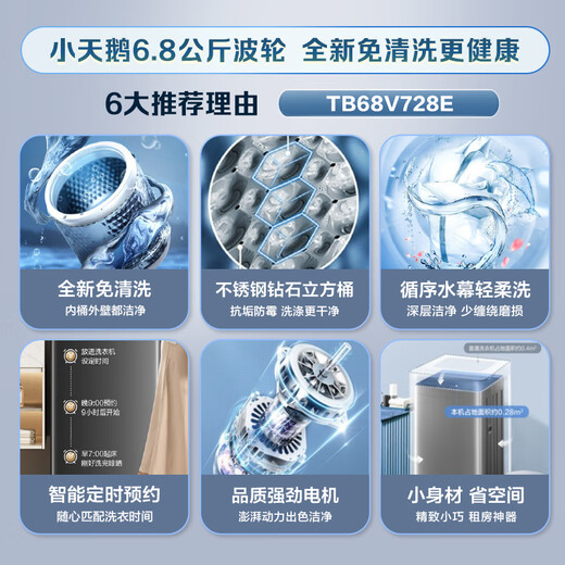 LittleSwan pulsator washing machine small fully automatic home 6.8KG mini TB68V728E healthy no-cleaning quality motor dormitory rental artifact