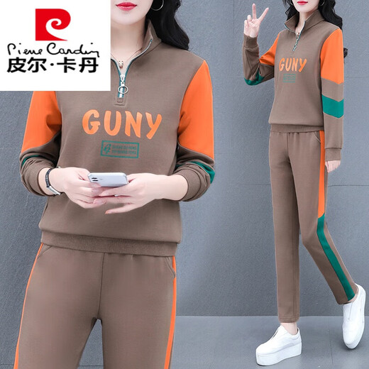 皮尔卡丹加厚加绒休闲运动服套装女2025年春秋新款时尚长袖立领卫衣两件装 THF9929黑色 M (80-95斤)