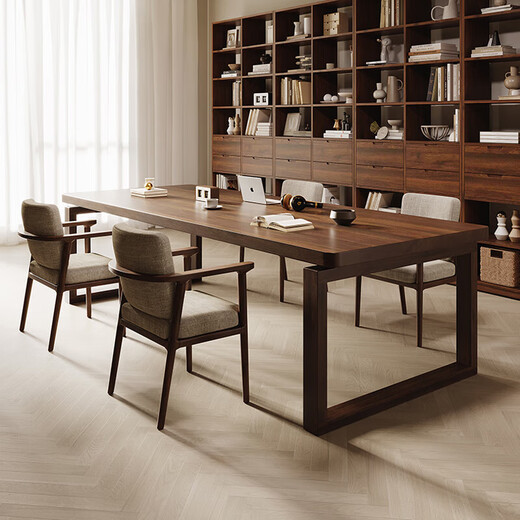 Iron Emperor walnut living room solid wood desk modern double computer table dining table work table long table study table office tea table rubber wood bachelor's chair (fabric seat)