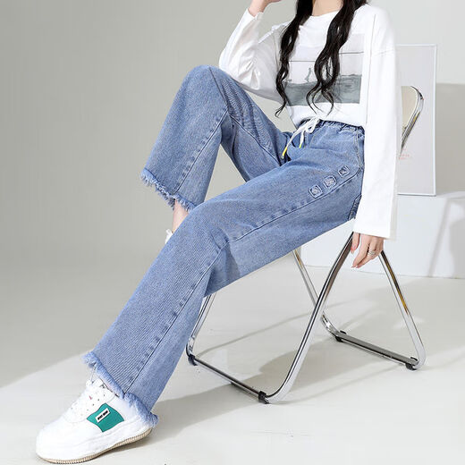 Zhidou Dou versión coreana de pantalones de primavera y verano nuevos pantalones elásticos sueltos de pierna ancha de 12 a 18 años Estudiantes de secundaria de moda Jeans para mujeres A9855 Tamaño promedio XL105-115Jin [Jin equivale a 0.5 kg]
