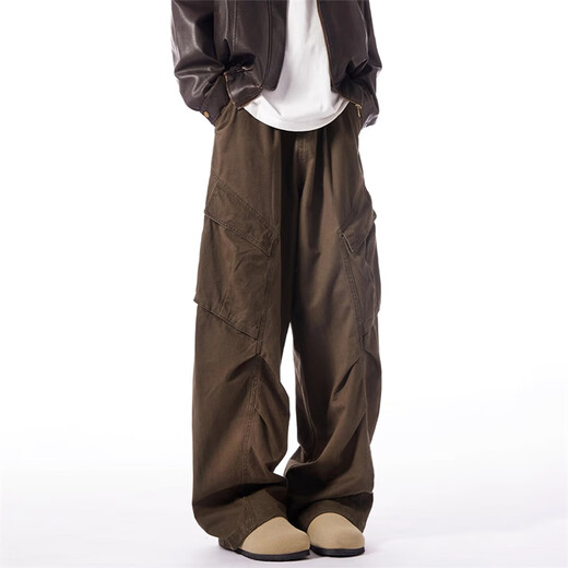 Bo Mingchen casual pants men's spring and autumn new American retro design workwear trousers trendy brand loose drape straight pants men brown L recommended 120-135Jin Jin equals 0.5 kg