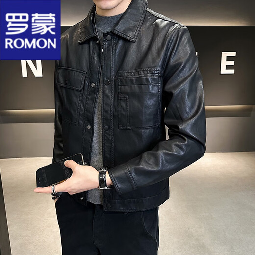 ROMON leather jacket men's spring and autumn 2025 new yuppie handsome young and middle-aged shirt collar casual simple slim motorcycle jacket coffee color regular L