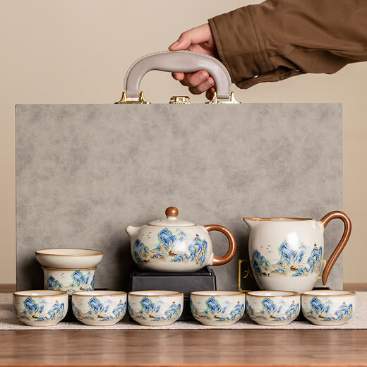Porcelain brand tea set Ru kiln Qianli Jiangshan Kung Fu tea set with openable slices porcelain Xishi pot Festival housewarming gifts for elders